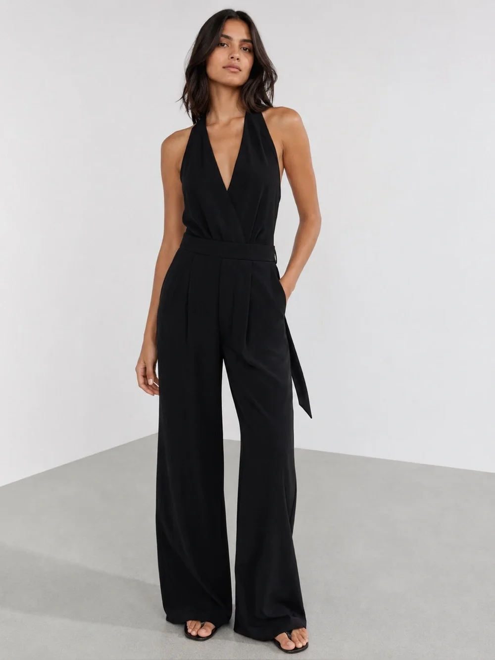 ZARA LONG OPEN BACK JUMPSUIT Black Cotton/Linen Blend XL NWT